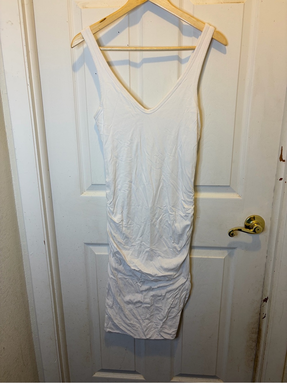 James Perse White V-Neck Ruched Midi Bodycon Tank Dress